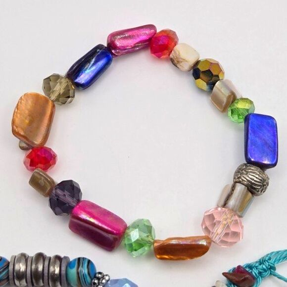 Three Bright and Colorful Mixed Media Beaded Bracelets - 2 Stretch and 1 Slide - Picture 3 of 6